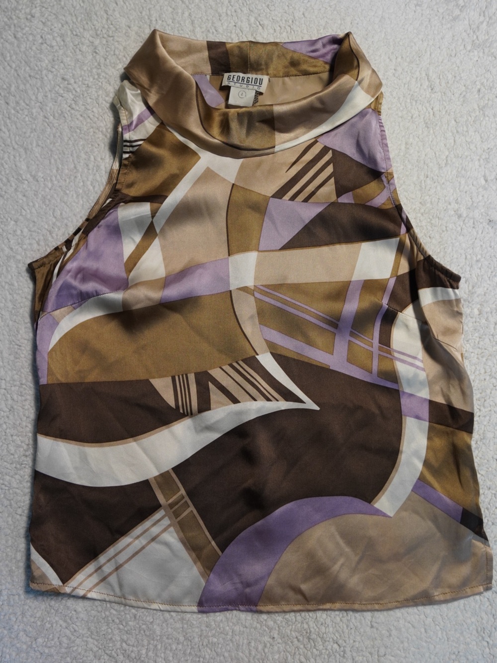 Georgiou Studio 100% Silk abstract geometric top Size 4 Vintage Y2K Mock Neck